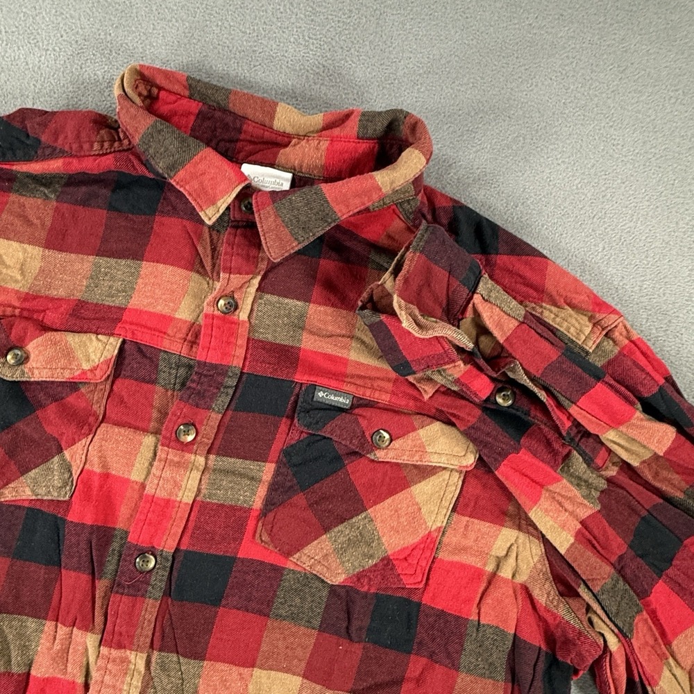 Columbia Plaid Flannel Shirt Mens 2XL Long Sleeve Red Black Tan Outdoor